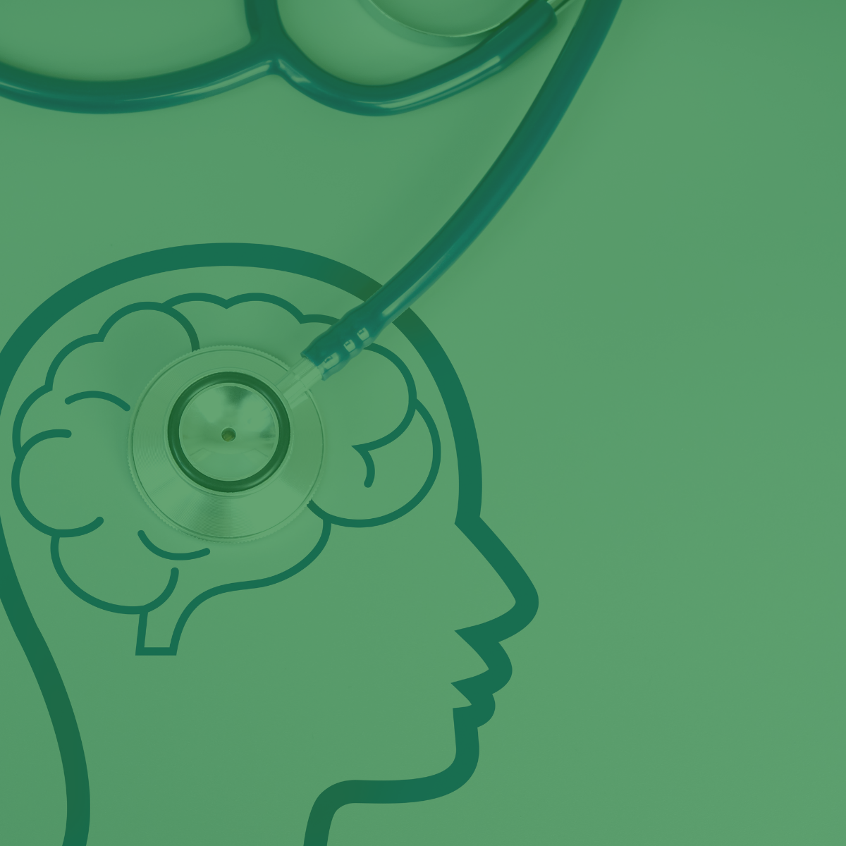 Imagen de un fonendoscopio sobre la ilustración de un cerebro. Filtro verde oscuro